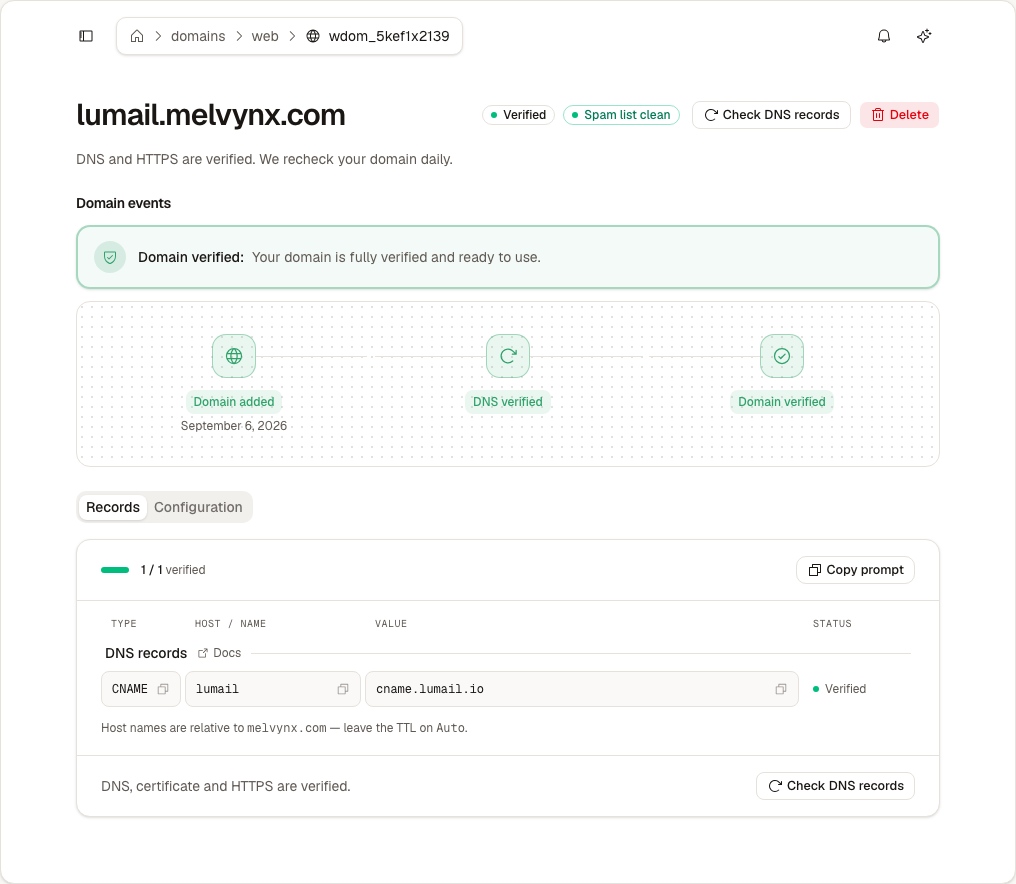 Verified CNAME and HTTPS for a Lumail web domain